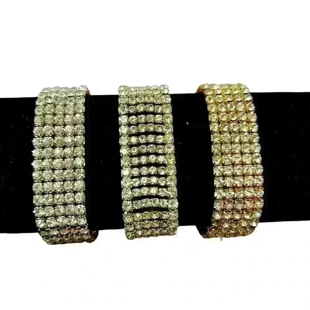 💎 Vintage Rhinestone bracelets, set of 3 (2 silver, 1 gold), stretchy